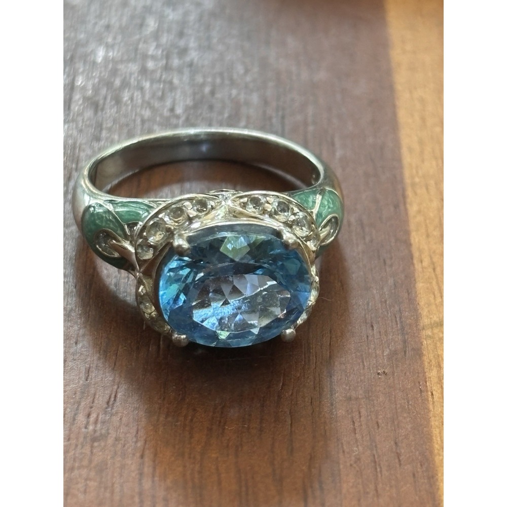 STERLING SILVER Blue Topaz White Topaz And Enamel Ring Size 10